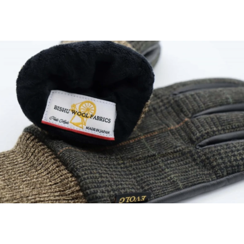 Gants tactiles / laine et cuir adulte - Saga Khaki Check - EVOLG