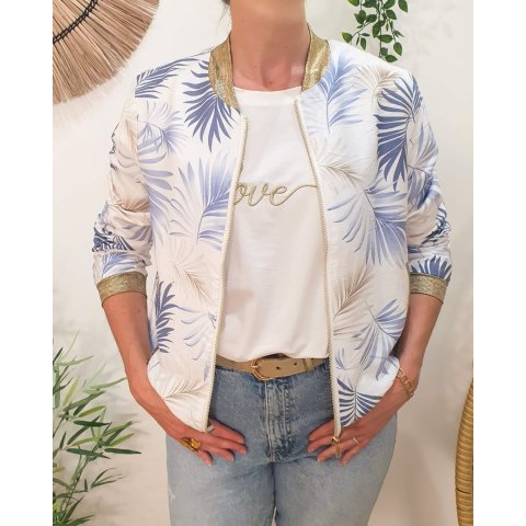 Bombers femme écru feuillages bleus et beiges Ombelline