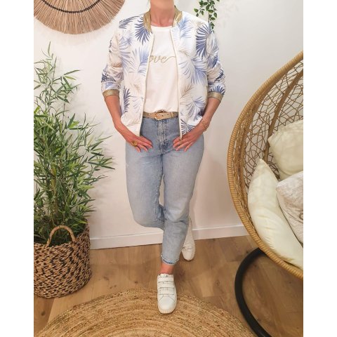Bombers femme écru feuillages bleus et beiges Ombelline