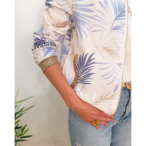 Bombers femme écru feuillages bleus et beiges Ombelline