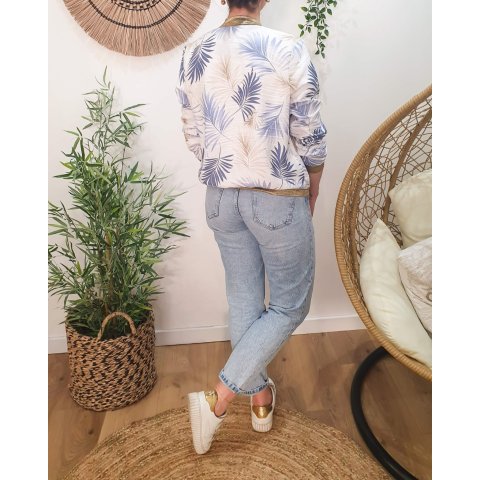 Bombers femme écru feuillages bleus et beiges Ombelline