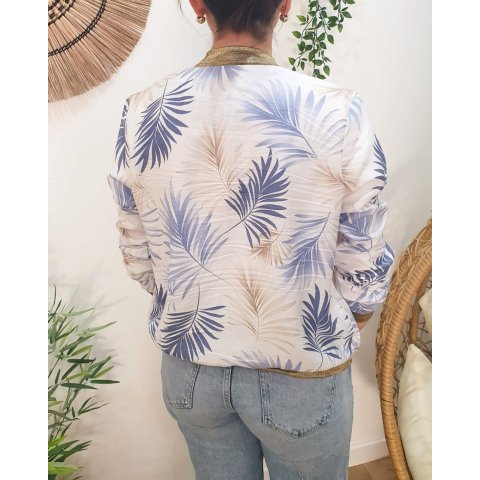 Bombers femme écru feuillages bleus et beiges Ombelline