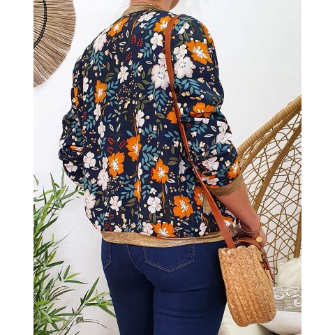 Bombers femme marine imprimé floral beige et moutarde