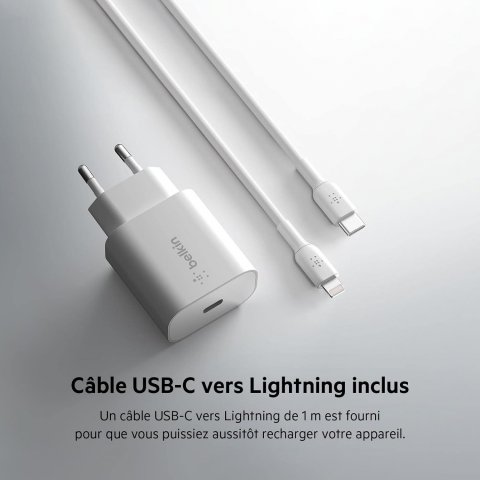 BELKIN Chargeur 25W PD3.0, avec câble USB-C lightning - WCA004VF1MWH-B5