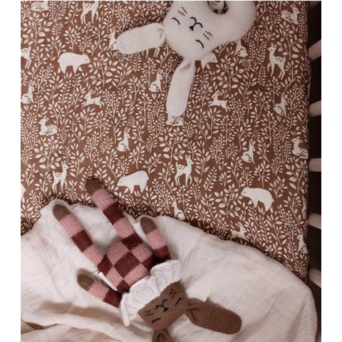 Doudou lapin, pyjama à carreaux sienne en laine d'alpaga