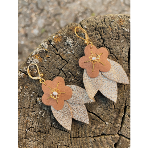 Boucles d’oreilles en cuir – les fleurs chéries (fait-main entre les 2 Caps)