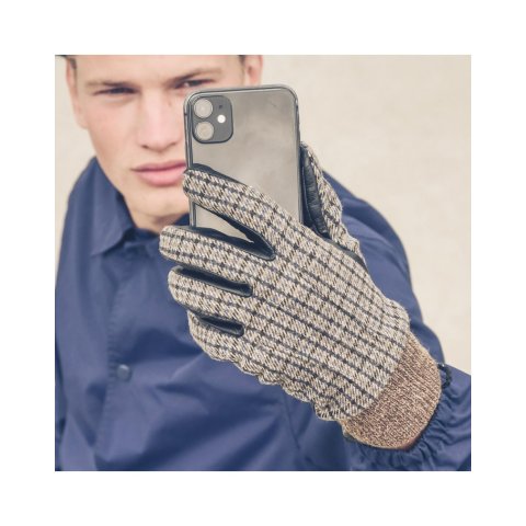 Gants tactiles / laine et cuir adulte - Saga Beige Check - EVOLG