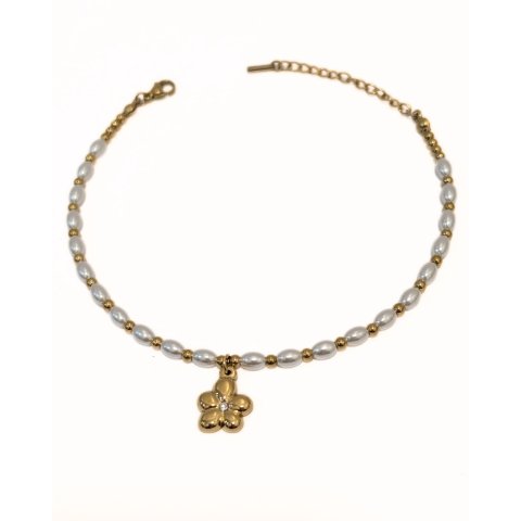 Chaine de cheville acier doré perles nacrées et pendentif fleur