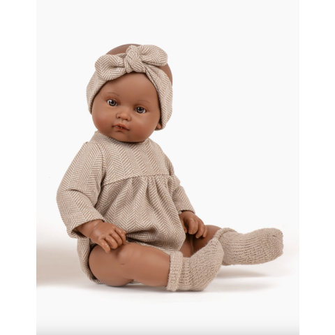 Poupée Augustine - barboteuse chevrons beige et son headband - Bambini