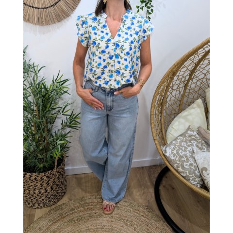 Blouse femme manche volantes fleurs bleues et vertes fluide chic Delfina
