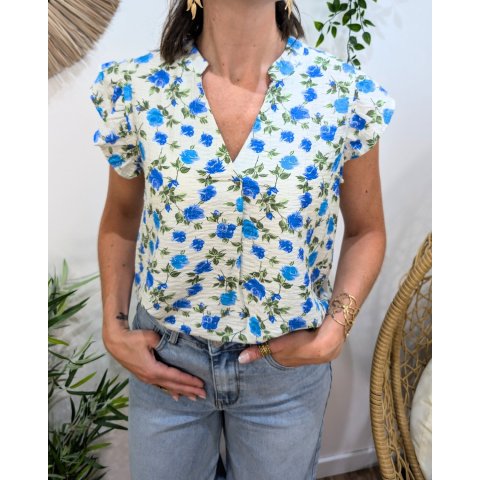 Blouse femme manche volantes fleurs bleues et vertes fluide chic Delfina