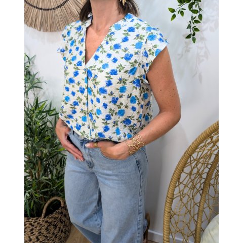 Blouse femme manche volantes fleurs bleues et vertes fluide chic Delfina
