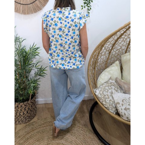 Blouse femme manche volantes fleurs bleues et vertes fluide chic Delfina