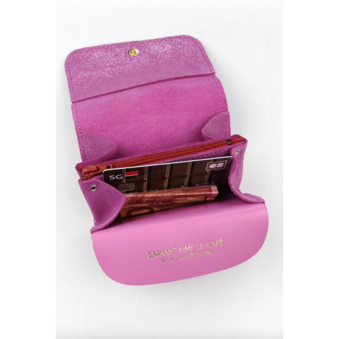 Porte monnaie en cuir pailleté Kate - Framboise