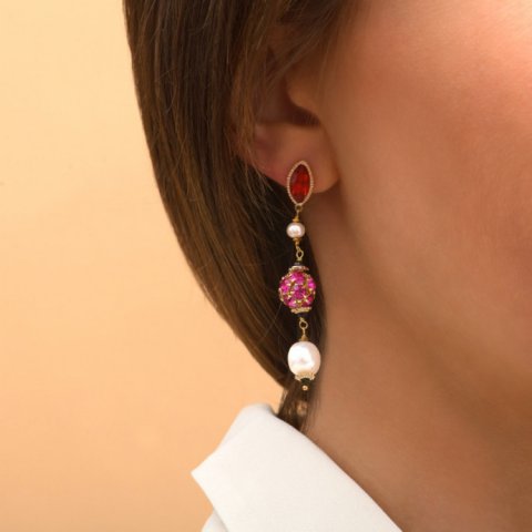 Boucles d'oreilles cristaux rose fuchsia et grenat- SATELLITE