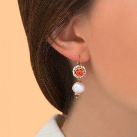 Boucles d'oreilles cristal rose et perles- SATELLITE