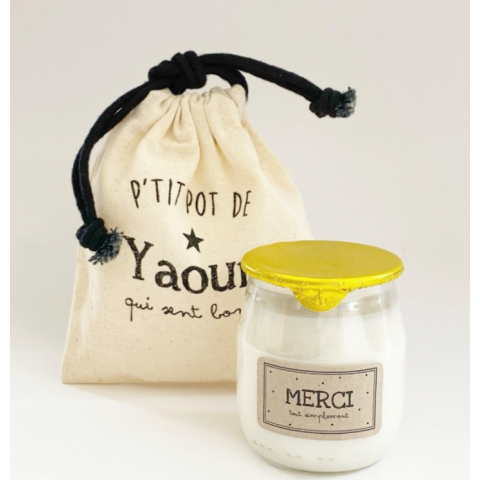 Bougie p'tit pot de yaourt "MERCI" pistache/amande