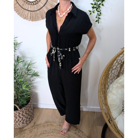 Combinaison femme noire manches courtes ceinture à motifs