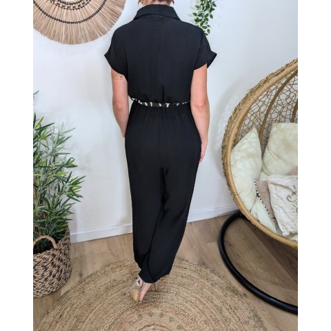 Combinaison femme noire manches courtes ceinture à motifs