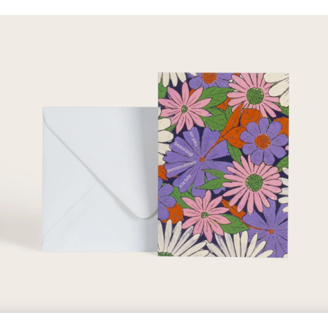 Carte Flower Power Parme "un peu, beaucoup, passionnément, à la folie"