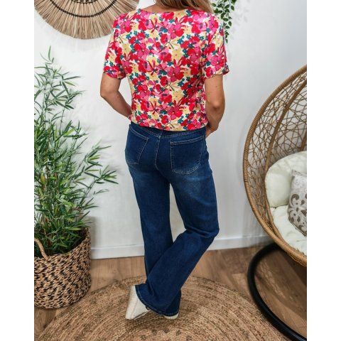 Chemisier femme manches courtes fleurs roses et jaunes Ambra