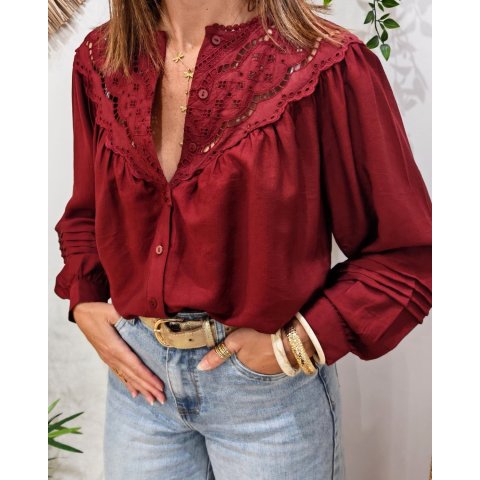 Chemisier femme bordeaux brodé col mao Mafalda