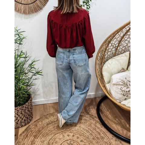 Chemisier femme bordeaux brodé col mao Mafalda