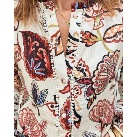 Chemisier femme beige fleurs terracotta multicolores Maddalena