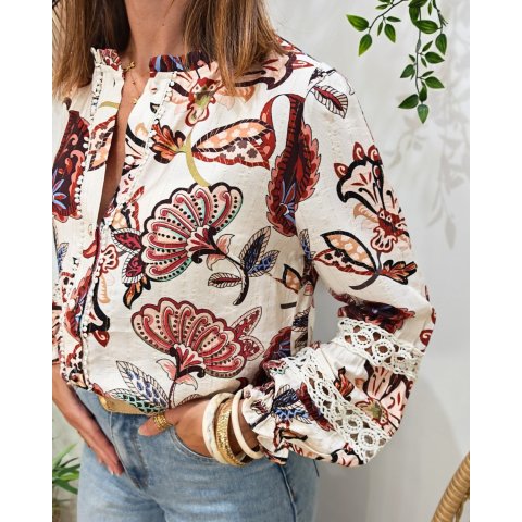 Chemisier femme beige fleurs terracotta multicolores Maddalena