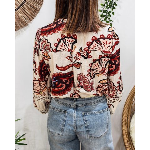Chemisier femme beige fleurs terracotta multicolores Maddalena