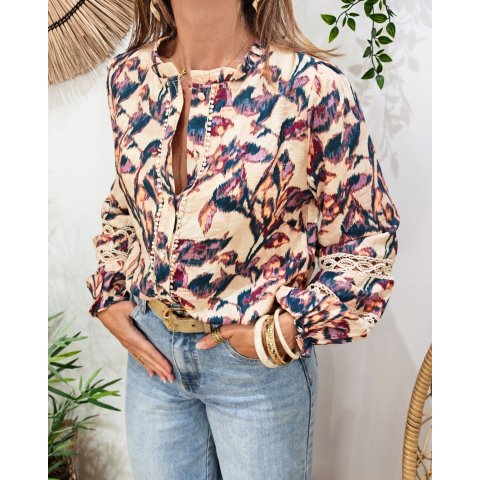 Chemisier femme beige  motifs multicolores Imelda