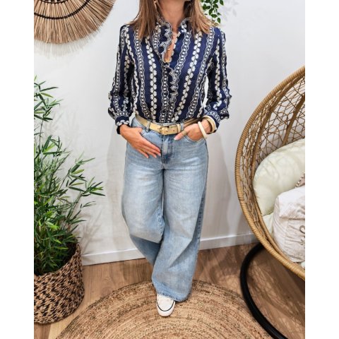 Chemisier femme bleu marine broderies fleuries écrues Apolline
