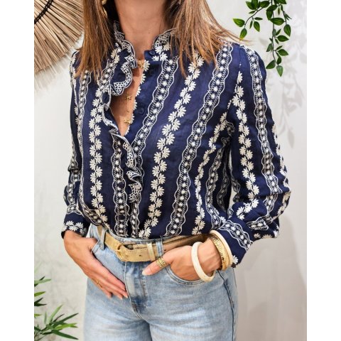 Chemisier femme bleu marine broderies fleuries écrues Apolline