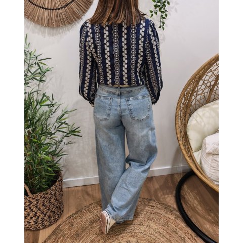 Chemisier femme bleu marine broderies fleuries écrues Apolline