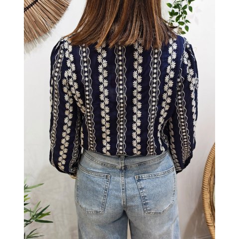 Chemisier femme bleu marine broderies fleuries écrues Apolline