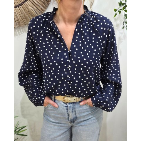 Chemisier femme bleu marine à pois blancs col froncé