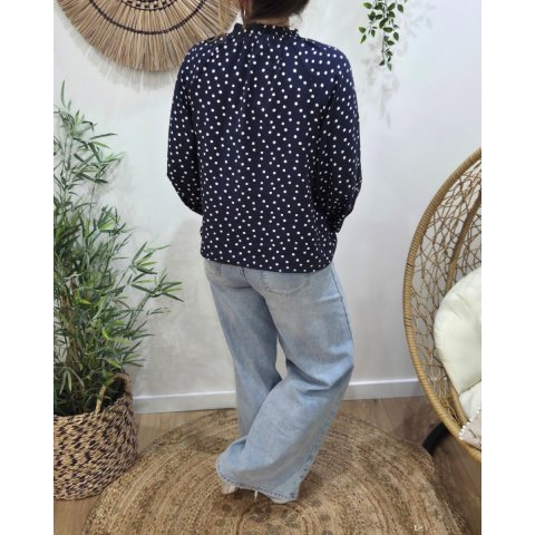 Chemisier femme bleu marine à pois blancs col froncé