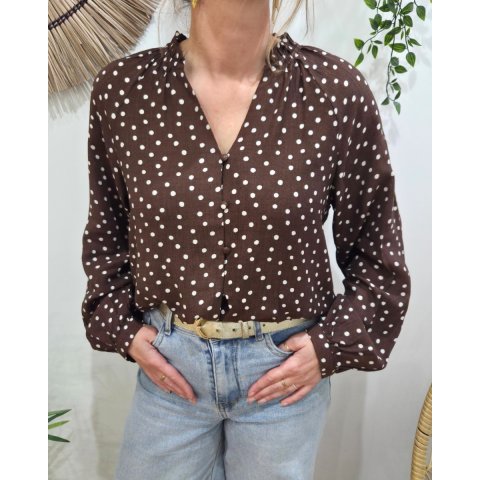 Chemisier femme marron à pois blancs col froncé