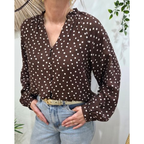 Chemisier femme marron à pois blancs col froncé