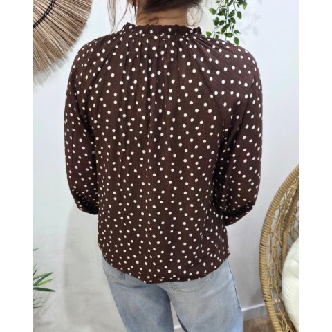 Chemisier femme marron à pois blancs col froncé