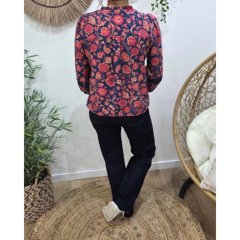 Chemisier femme marine fleurs rouges et taupes Margarida