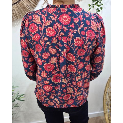 Chemisier femme marine fleurs rouges et taupes Margarida