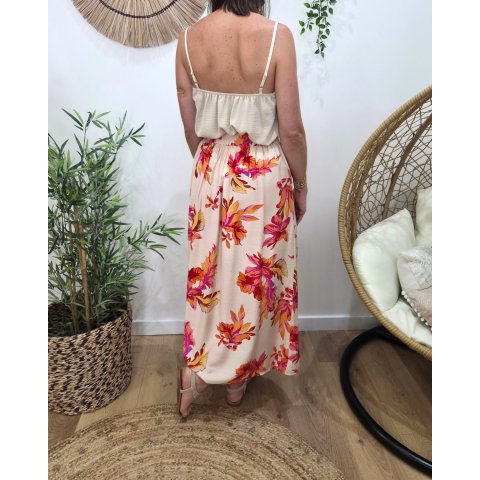 Jupe longue femme beige grosses fleurs roses oranges jaunes Aurora