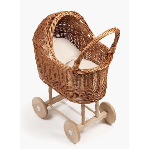 LANDAU EN BOIS & OSIER MALO POUR POUPÉE MINIKANE et sa garniture écru