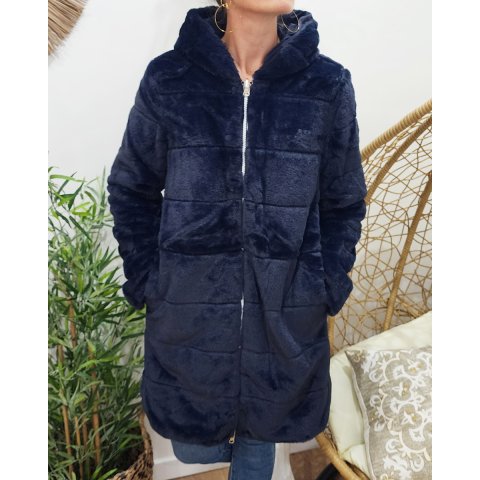 Parka femme longue réversible fausse fourrure bleu marine