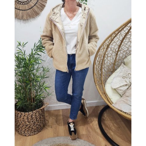 Parka femme dorée réversible fausse fourrure beige Sora