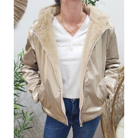 Parka femme dorée réversible fausse fourrure beige Sora
