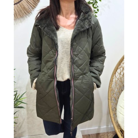 Parka longue femme kaki matelassée réversible fausse fourrure Lioba
