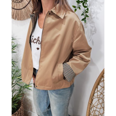 Manteau femme trench court camel manches et doublure à carreaux