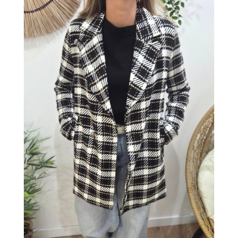 Manteau femme à carreaux noirs blancs et camels